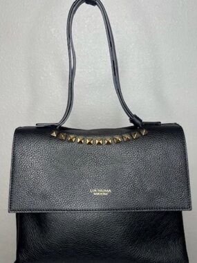 Lia Nina Black Pebbled Leather Top-Handle Bag with Gold Studs NWOT